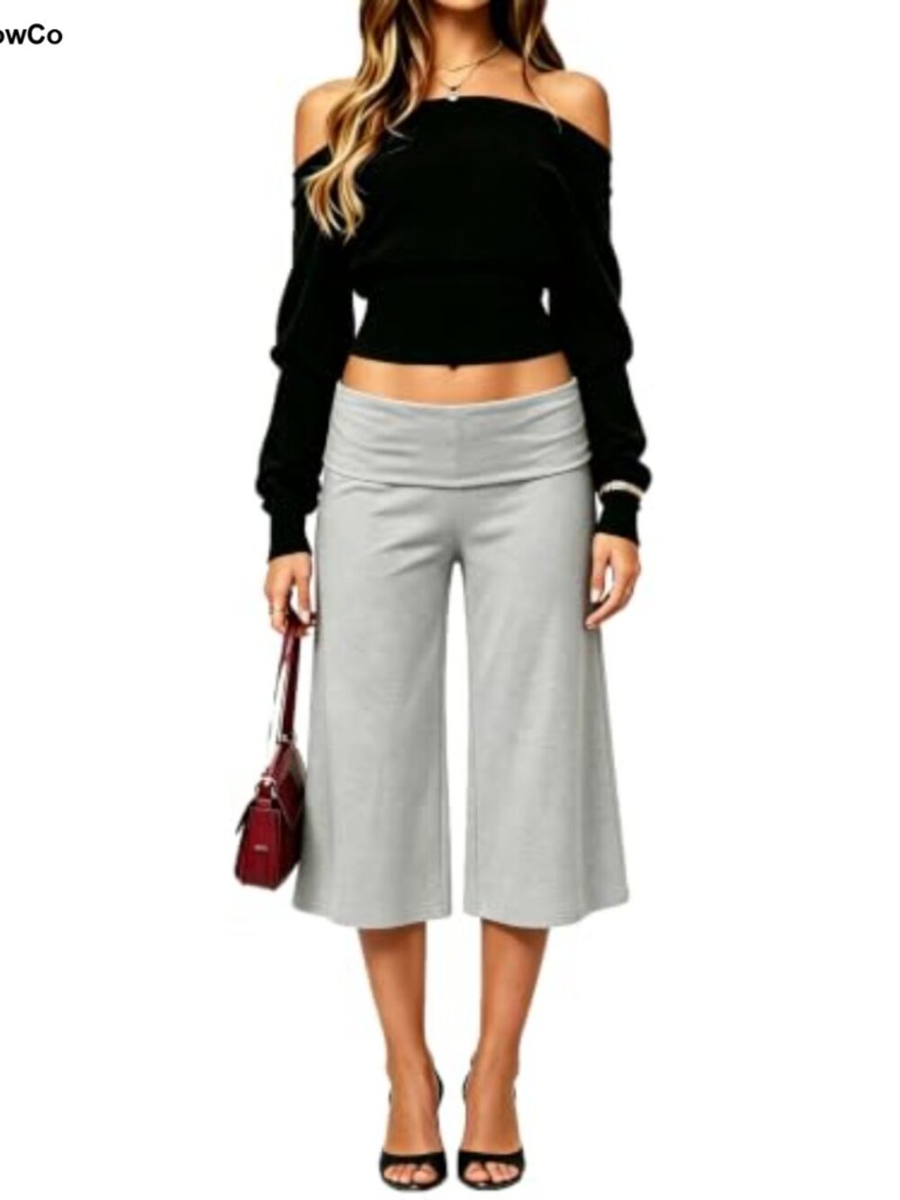 Womens Flowy Wide Leg Gaucho Capri Pants Fold Over Yoga Sweatpants - Picture 2 of 5
